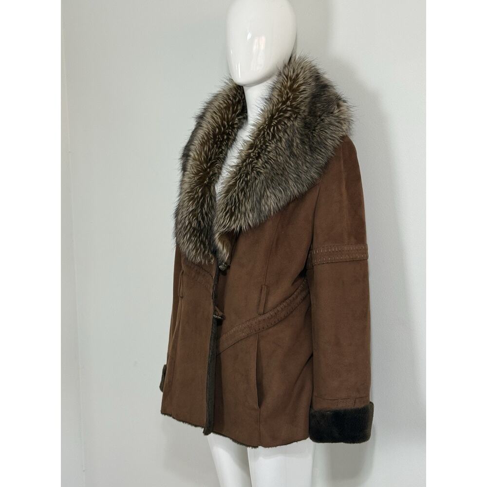 Y2K Neyelle Brown Faux Suede Jacket Faux Fur Collar Trim Penny Lane Coat Size L - Picture 3 of 12